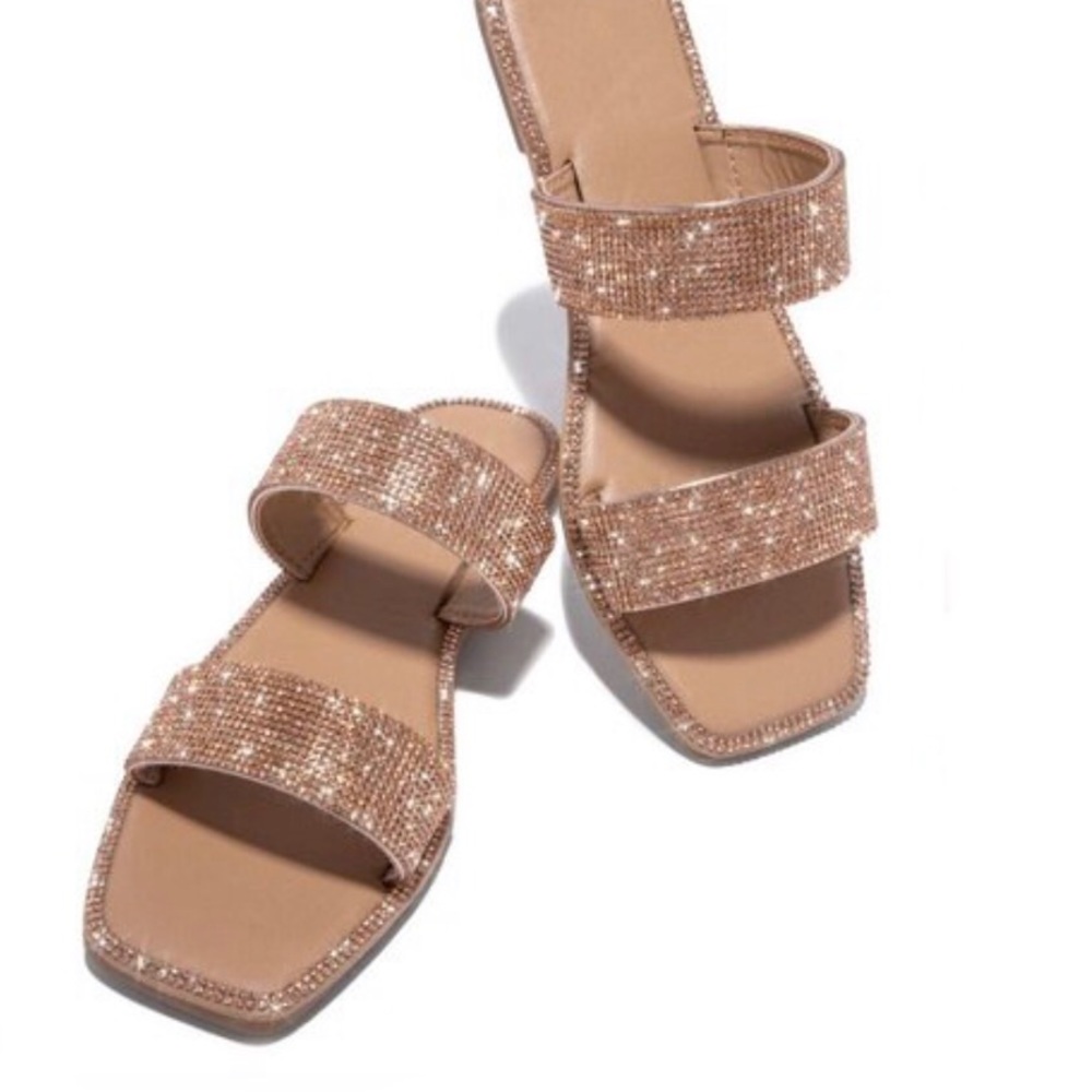 !! NEW !! Embellished Double Strap Square Toe Sandals in Rose Gold - Picture 5 of 12